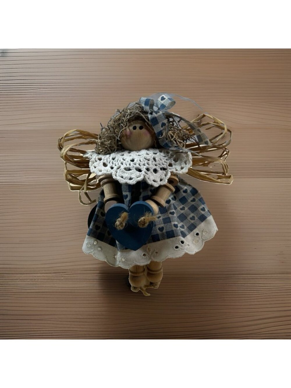 Vintage Angel Wooden Spool & Button doll Blue Heart Check Dress Handcrafted 6.5”